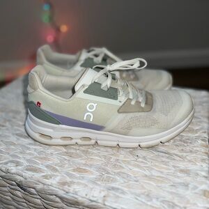 On Running Cream and Gray Athletic Shoes